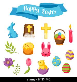 Happy Easter set of decorative objects, eggs and bunnies Stock Vector