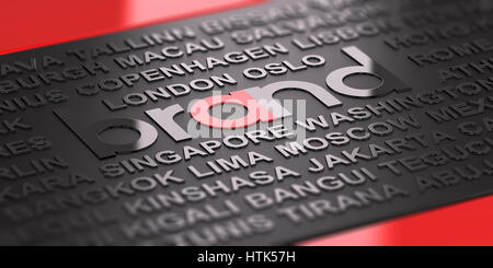 3D illustration of an international brand with many capitals names around it, black modern design. Stock Photo