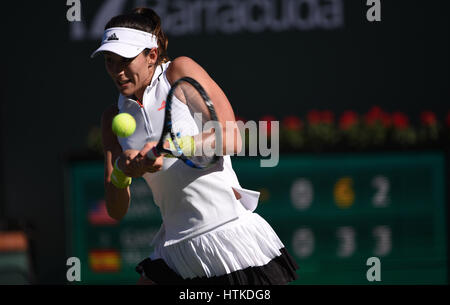 Indian Wells, California, USA. 12th March 2017. Garbine Muguruza (ESP) in action against Kayla Day (USA) during the BNP Paribas Open at Indian Wells Tennis Garden in Indian Wells, California Credit: Cal Sport Media/Alamy Live News Stock Photo