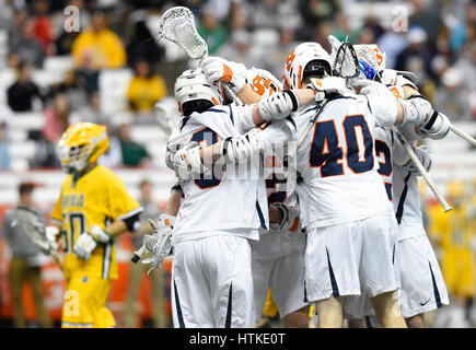 Syracuse, New York, USA. 11th Feb, 2017. Syracuse Orange players celebrate a goal against the Siena Saints during the first quarter of the game on Saturday, February 11, 2017 at the Carrier Dome in Syracuse, New York. Syracuse won 19-6. Rich Barnes/CSM/Alamy Live News Stock Photo
