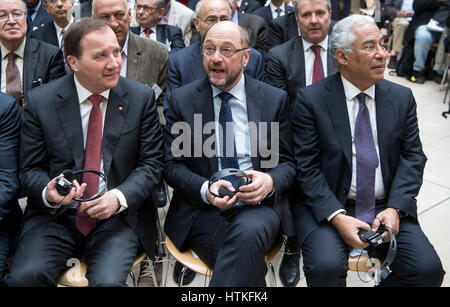 Berlin, Germany. 13th March 2017. Swedish Prime Minister Stefan Löfven (L-R), designated party Chairman of the German Social Democrats and chancellorship candidate Martin Schulz and Portuguese Prime Minister Antonio Costa sit at a meeting of the Progressive Alliance, a conference of social democratic parties, in the SPD headquarters at the Willy Brandt House in Berlin, 13 March 2017. As well as several social democratic heads of government, more than 30 party chiefs from around 100 international delegations are taking part in the meeting. Photo: Bernd von Jutrczenka/dpa/Alamy Live News Stock Photo