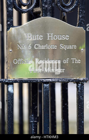 Edinburgh, Scotland, UK. 13th Mar, 2017. The name plate outside the front entrance of Bute House, the official residence of Scotland's First Minister Nicola Sturgeon, Credit: Ken Jack/Alamy Live News Stock Photo