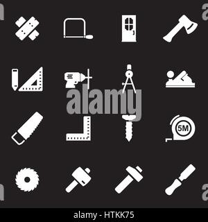 Vector white carpentry icons set on black background Stock Vector
