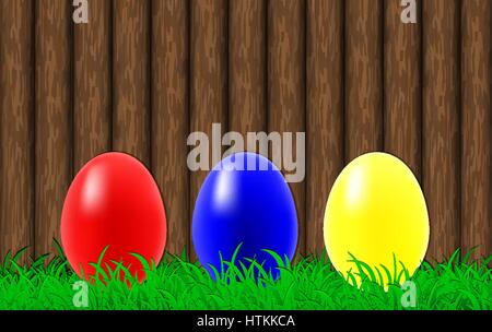 Easter eggs on a wooden wall background Stock Vector