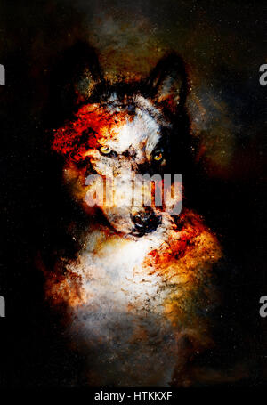 magical space wolf, multicolor computer graphic collage Stock Photo