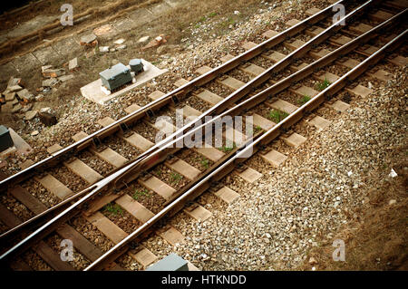 Railway in fog on station, outdoor landscape Stock Photo