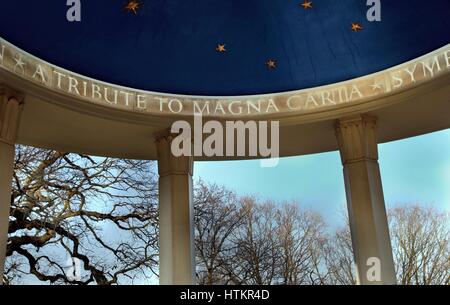 Runnymede, Surrey, UK  - Jan 22 2017: Magna Carta Memorial monument near the River Thames in Runnymede, near Windsor. Created by the American Bar Asso Stock Photo