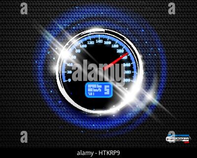 Vector chrome ring speedometer glow on black carbon background. Speed poster design element with blue sparks and white shine light effect Stock Vector