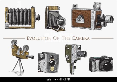 evolution of the photo, video, film, movie camera from first till now vintage, engraved hand drawn in sketch or wood cut style, old looking retro lens Stock Vector