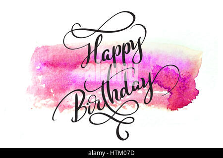 abstract watercolor background in red and text Happy Birthday. Calligraphy lettering. Stock Photo