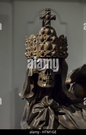 Skeleton crowned with the Imperial Crown of the Holy Roman Empire depicted on the sarcophagus of Holy Roman Emperor Charles VI (1685 - 1740) in the Kaisergruft (Imperial Crypt) in Vienna, Austria. Stock Photo