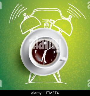 Alarm clock and coffee concept illustration with doodle Stock Vector