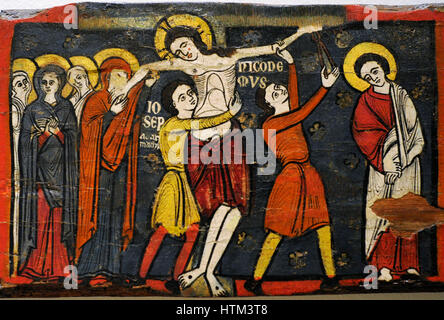Beam of the Passion, ca. 1192-1220. Detail of the Descent of the Cross. Romanesque. Anonymous. Catalan origin. Tempera on wood. National Art Museum of Catalonia. Barcelona. Catalonia. Spain. Stock Photo
