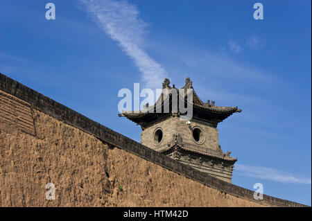 Ancient watchtower over Ming walls of Ping Yao or Pingyao town Shan Xi Province China Stock Photo