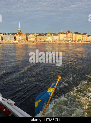 Gamla Stan waterfront from ferry at sunrise, Stockholm, Sweden, Scandinavia Stock Photo