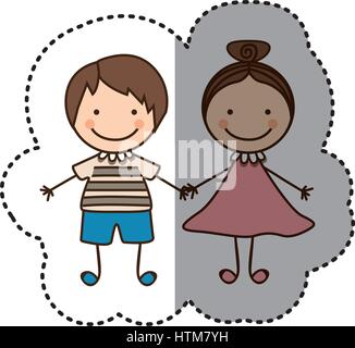 sticker colorful caricature couple boy with straigth hair and girl with collected hair Stock Vector