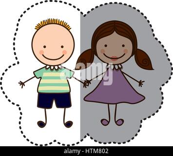 sticker colorful caricature couple boy with hairstyle and girl with hair pigtails Stock Vector