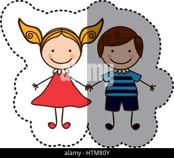 sticker colorful caricature couple boy with curly hair and girl with dress Stock Vector
