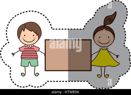 sticker colorful caricature couple boy and girl with hair tail and banner Stock Vector