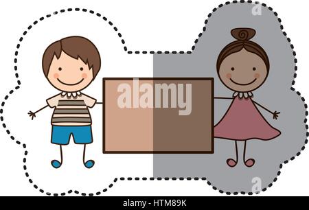 sticker colorful caricature couple boy with straigth hair and girl with collected hair and banner Stock Vector