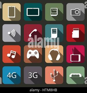Set of flat mobile icons with long shadow isolated on black background, vector illustration. Stock Vector