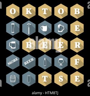 Icons in the shape of a hexagon with long shadow Oktoberfest, vector illustration. Stock Vector