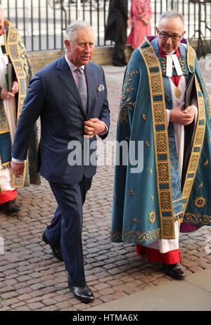 The Prince of Wales (left) arrives to attend the Commonwealth Service at Westminster Abbey, London. Stock Photo