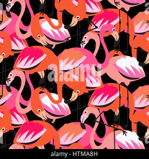 Flamingo dense red on black seamless pattern. Stock Vector
