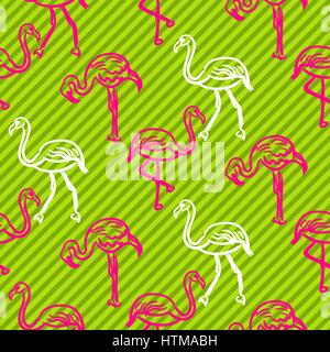 Green and pink striped flamingo bird pattern. Stock Vector