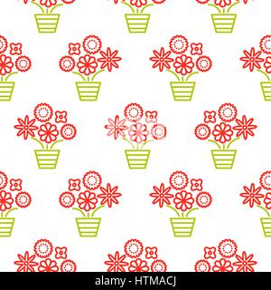 Outline red and green flowers in pots seamless pattern texture. Stock Vector