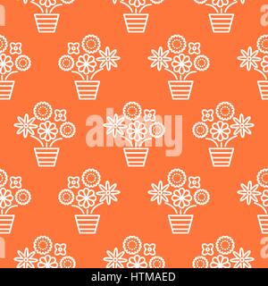Coral orange and white line flower pots seamless vector. Stock Vector