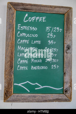 Coffee selection on a blackboard, Lapland, Sweden Stock Photo