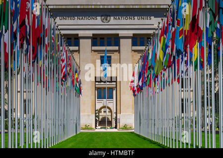 National flags at the entrance in UN office at Geneva, Switzerland Stock Photo