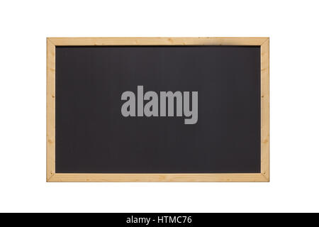 front view of rectangular horizontal black chalkboard with wooden frame isolated on white background Stock Photo