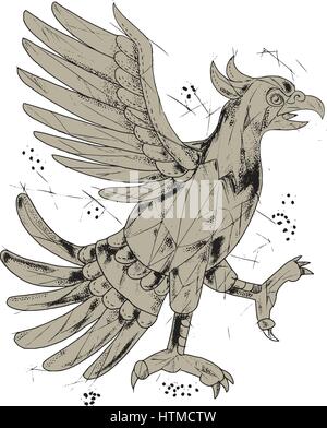 Low polygon style illustration of a glifo from the azteca's culture of a Cuauhtli showing an eagle in a fighting stance viewed from the side set on is Stock Vector