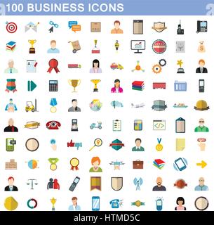 100 business icons set, flat style Stock Vector