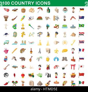 100 country icons set, cartoon style Stock Vector