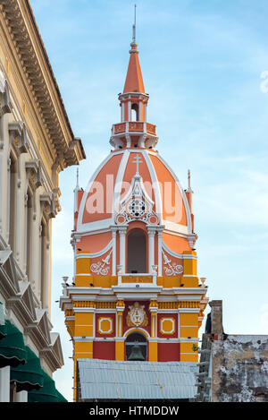 Closeup view of the colorful tower of the cathedral in Cartagena, Colombia Stock Photo