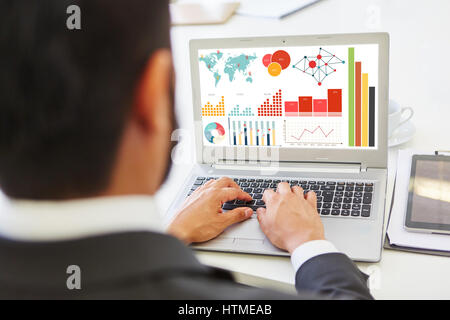 Infographic with many statistic graphcs on laptop computer screen Stock Photo