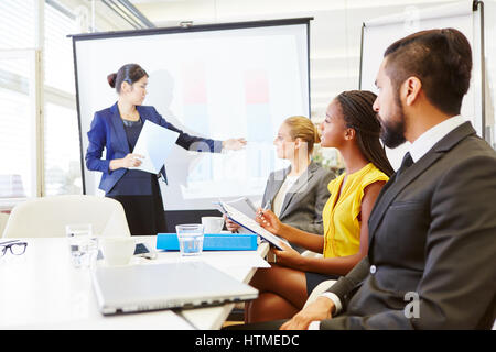 Woman as lecturer in business presentation with flipchart Stock Photo