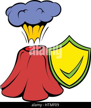 Volcano erruption and yellow shield with tick icon Stock Vector