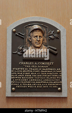 Memorial plaque Charles Comiskey for in the Hall of Fame Gallery, National Baseball Hall of Fame & Museum, Cooperstown, NY, USA. Stock Photo