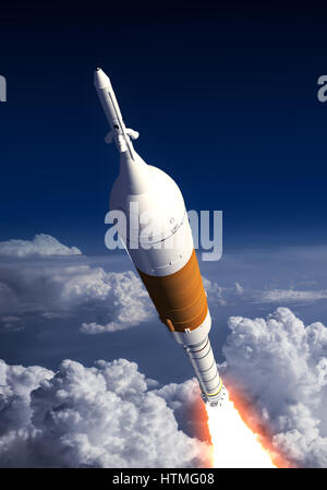 Carrier Rocket Launch In The Clouds. 3D Illustration. Stock Photo