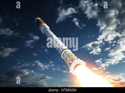 Carrier Rocket Takes Off In The Clouds. 3D Illustration. Stock Photo