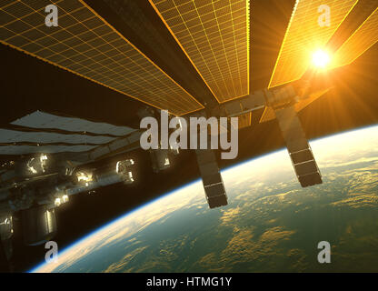 International Space Station In The Rays Of Sun Sun Above The Earth. 3D Illustration. Stock Photo