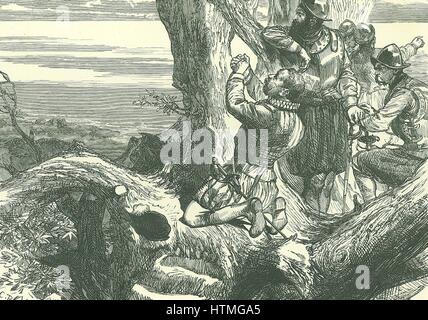 Francis Drake (c1540-1596) English navigator and privateer, on the Isthmus of Panama in 1572 becoming the first Englishman to see the Pacific Ocean. Late 19th century illustration. Stock Photo