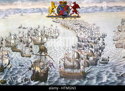 The Spanish Armada: The Spanish fleet under the Duke of Medina Sidonia sailed against England in 1588. The Royal coat of arms shows the English Lion and the Welsh Dragon representing the Tudor element of the monarchy. Stock Photo