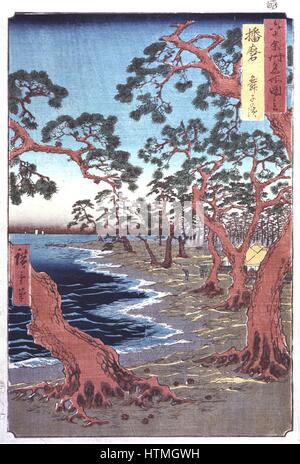 Pine trees by a shoreline. Coloured woodblock print. Ando Hiroshige also called Ando Tokutaro (1797-1858) Japanese artist and printmaker. Stock Photo
