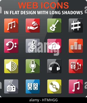 music icons set in flat design with long shadow Stock Vector