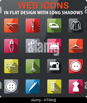 Tailoring icons set in flat design with long shadow Stock Vector